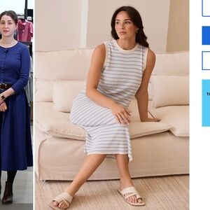 Brave + True Small S squad striped ribbed midi dress ecru blue nwt